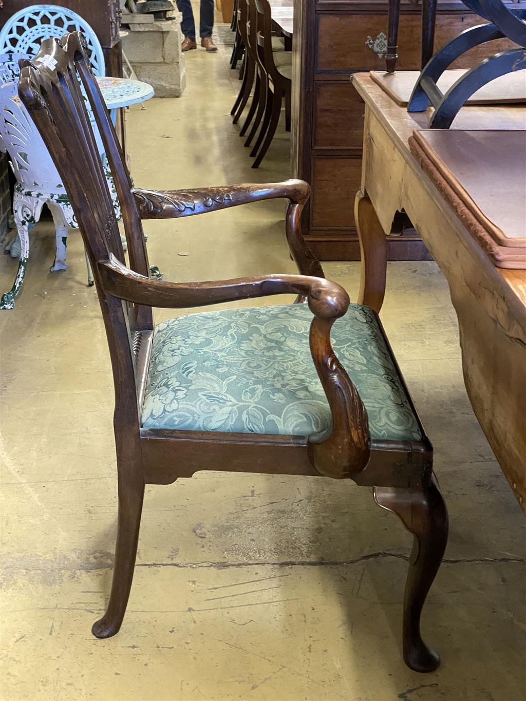 A George III mahogany elbow chair, width 74cm, depth 56cm, height 104cm